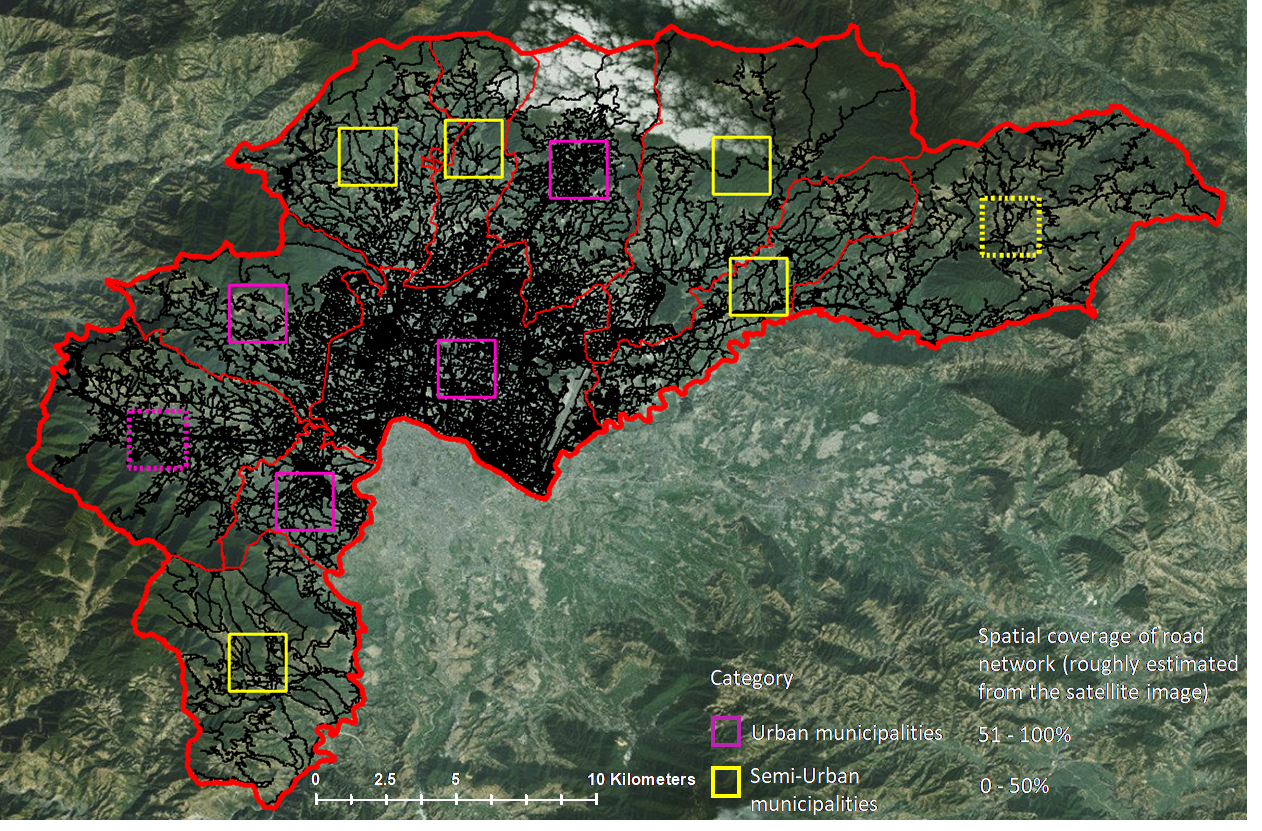 The OSM map of Kathmandu, with 2km x 2km grids placed at the centre of each municipality.